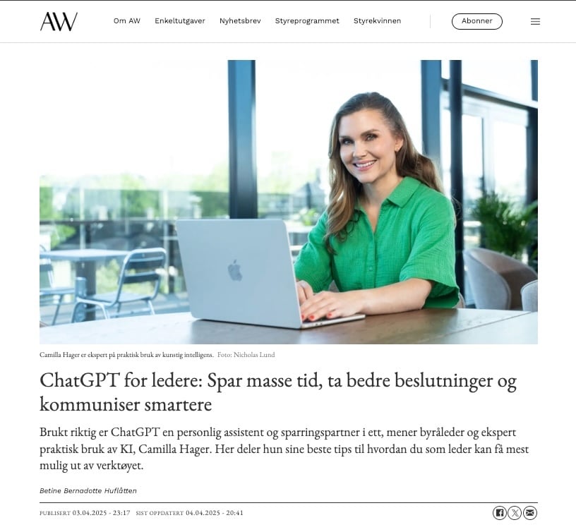 ChatGPT for ledere – spar tid, ta bedre beslutninger og kommuniser smartere Camilla Hager kurs og foredrag